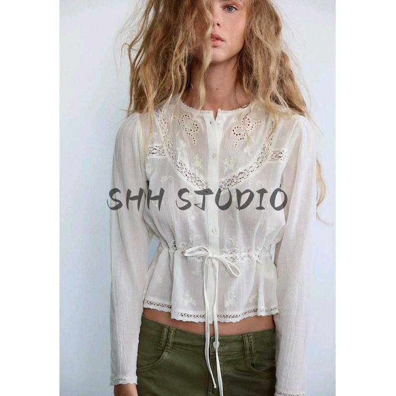 Spring New Women clothes Sweet Style Loose round Neck Hollow out Waist Hugging Embroidery Tulle Shirts 0881102
