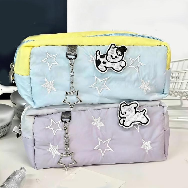 Embroidery Star Dog Pencil Bag High Capacity Polyester Fabric Pencil Case Travel Makeup Storage Bag for Student Women