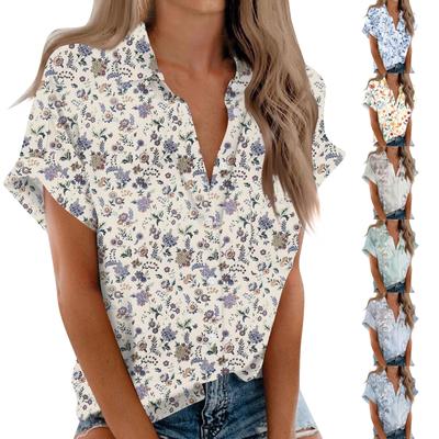Camisa feminina de manga curta, blusa com botão estampado na moda diária, cardigã com bolso no peito