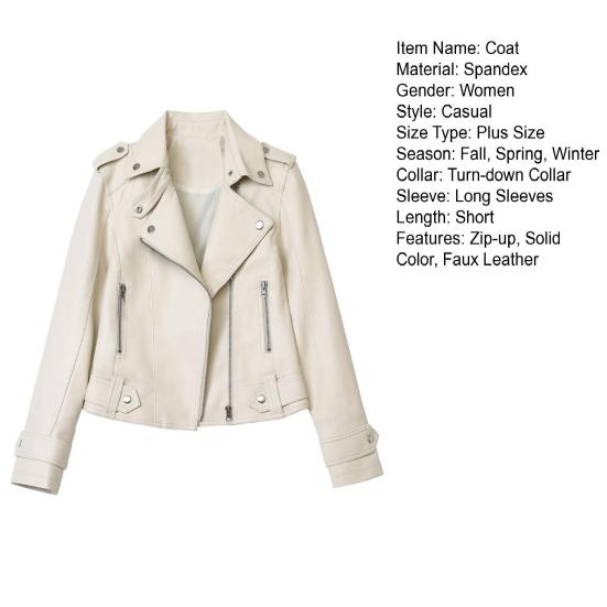 Women Jacket Faux Leather Smooth Surface Turn-down Collar Zip-up Zipper And Rivet Decor