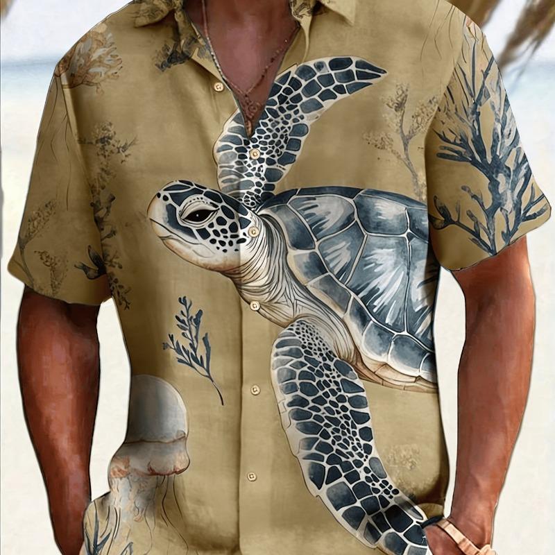 Men's Simple Hawaiian Print Button-Down Shirt -, Summer Vacation and Resort Wear
