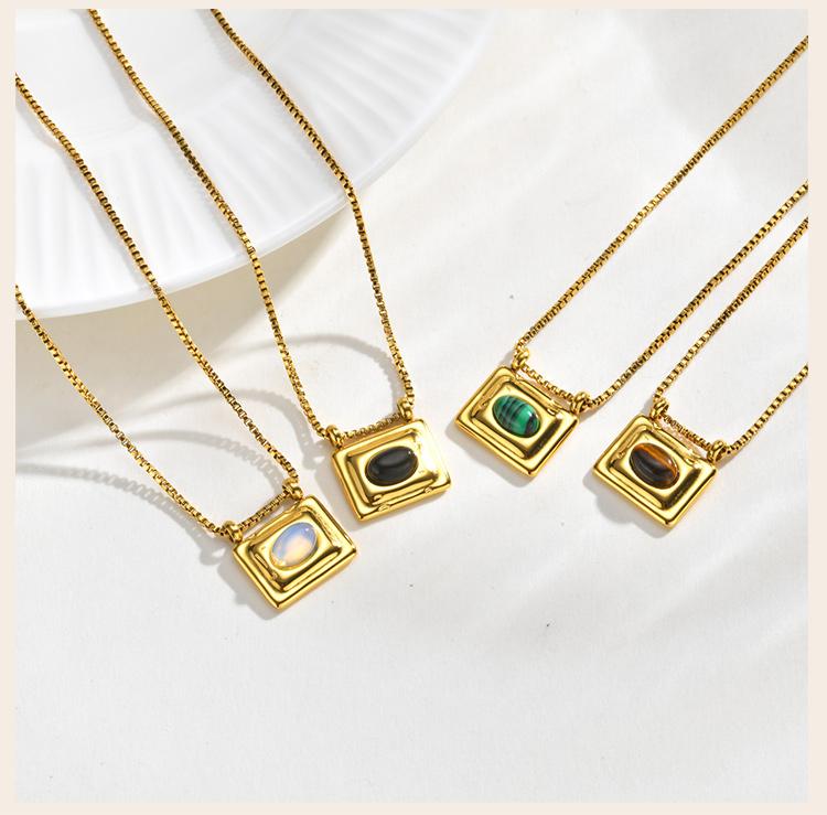 Square Pendant Necklace Stainless Steel Natural Stone Inlay Box Chain for Women Vintage Healing Jewelry Waterproof