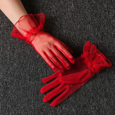 Elastic Transparent Women Tulle Gloves Short Ultra Thin Gauze Lace Gloves Full Finger Bridal Wedding Mesh Gloves Ladies