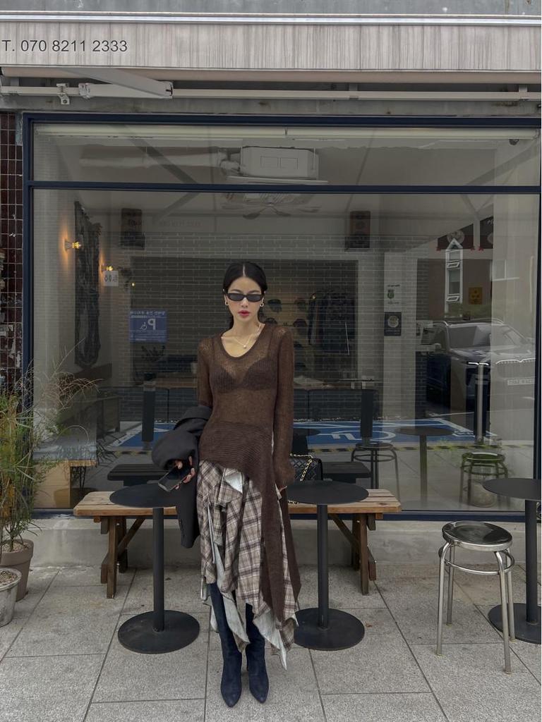 2026 Korean Chic Retro Plaid Asymmetrical Skirt