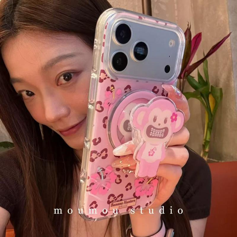 Sweet and Cool Pink Leopard Print Monkey Magnetic Suction Bracket for iPhone17promax Apple 16 Mobile Phone Case 15 New Women