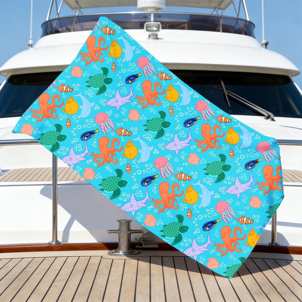 Vivid Sea Creature Beach Towel – Soft Absorbent Oversized for Toddlers & Kids, Adorable Octopus Turtle Print for Beach & Travel