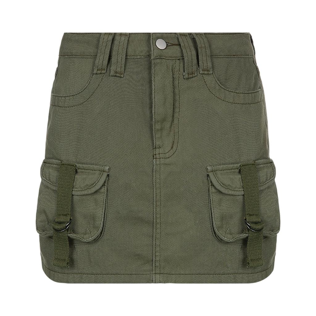 Women Casual Low Waist Slim Fit Mini Skirt with Utility Pockets Belt Loops and Front Button Closure Suitable for Daily Wear