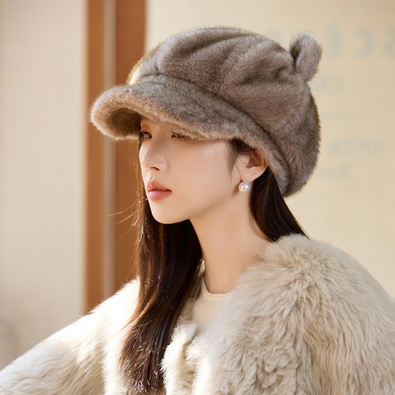 New Imitation Mink Hat Women's Winter Casual Octagonal Hat Thickened Visor Cat Ear Beret