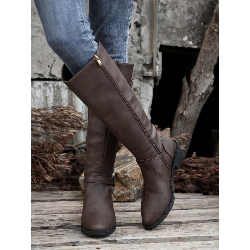 Pointed Buckle Knight Boots Winter 2025 New Plus Size Vintage Block Heel Boots
