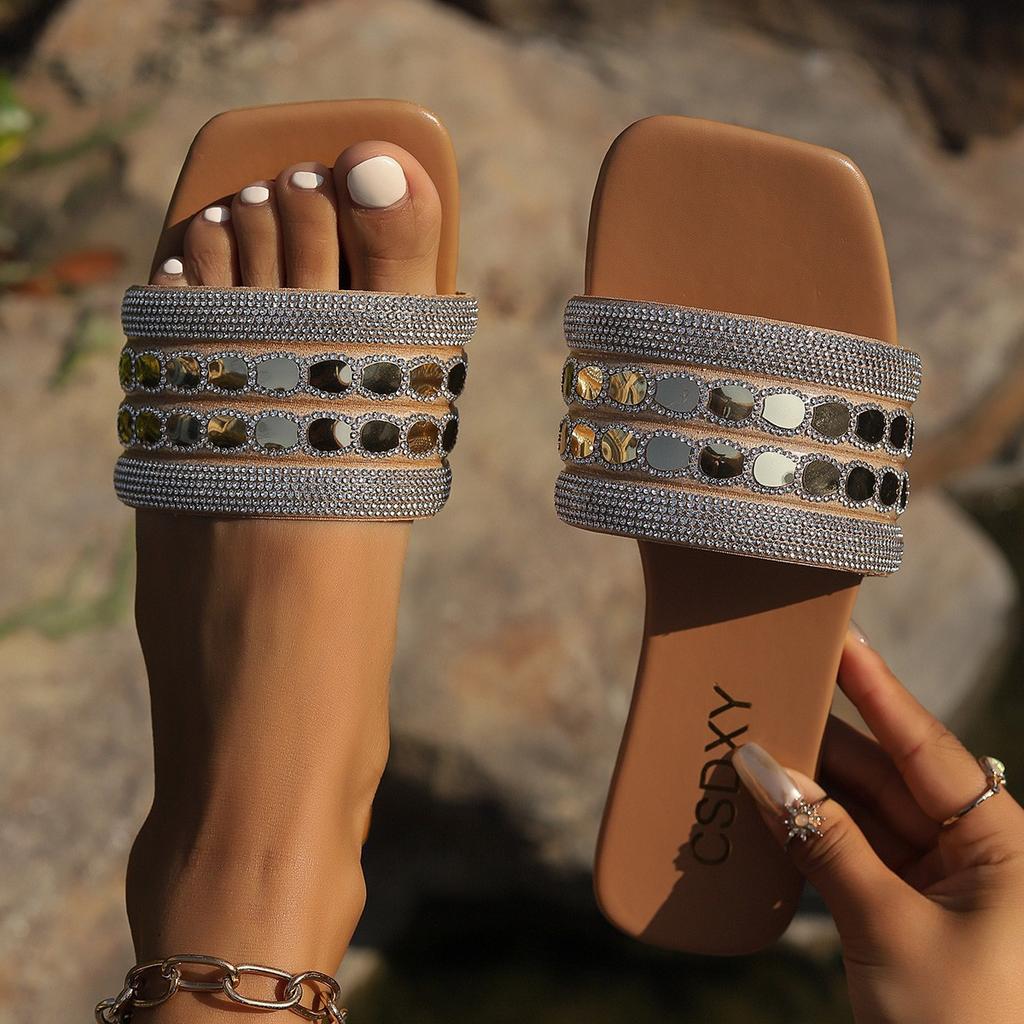 Rhinestone flat-bottomed slippers women's square head one pedal home slippers foreign trade large size FlatSlippers