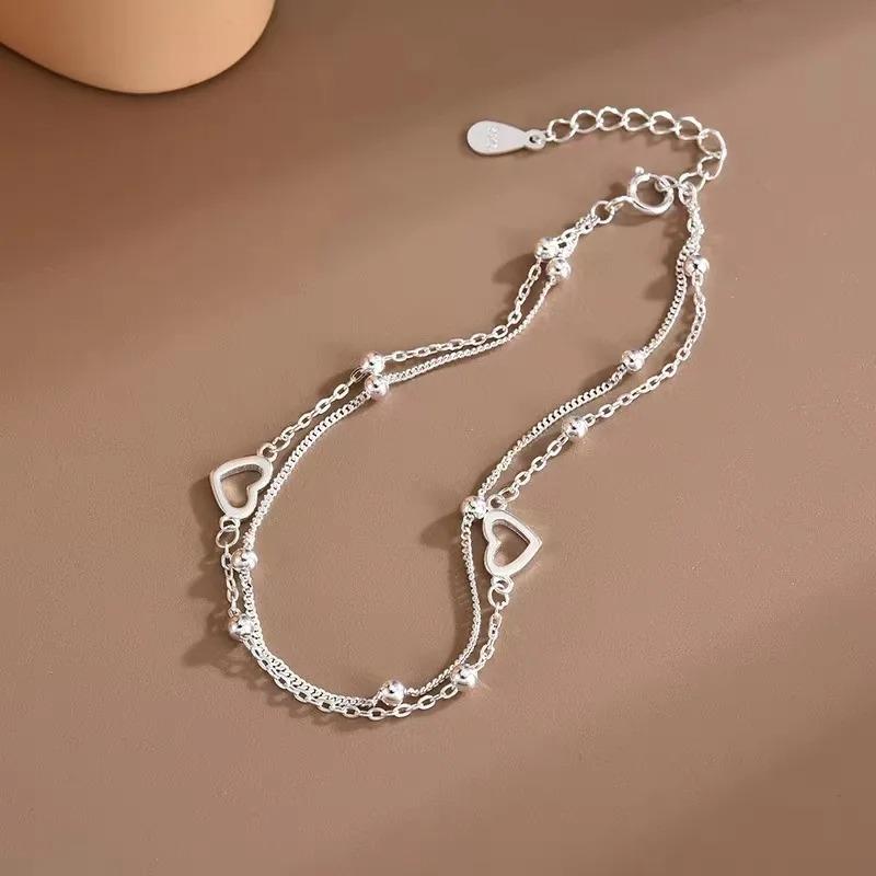 925 Silver Hollow Heart Bracelets For Women Girls Vintage Korean Design Double Layer Beads Bracelet Party Jewelry Gifts