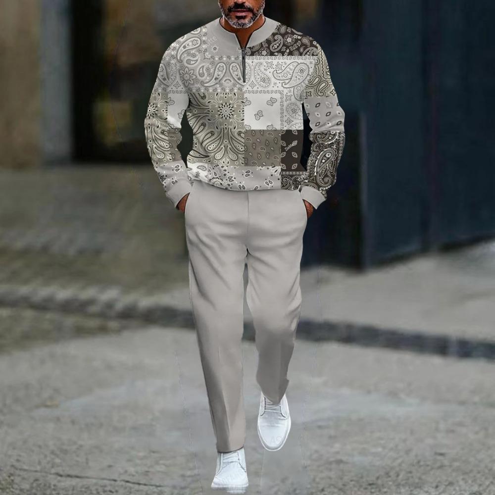 Spring Autumn 3D Printed Fashion Men's Long-Sleeved Sets Half-Zipper Stand-Up Collar Men's Casual Sportswear Two-Piece set