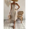 Women Floral Print Spaghetti Strap Midi Dress With Front Slit And Drawstring
