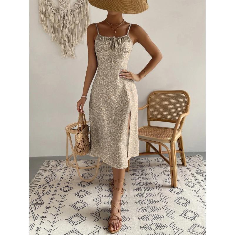 Women Floral Print Spaghetti Strap Midi Dress With Front Slit And Drawstring