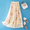 Elegant Apricot Silk Midi Skirt: Gentle Floral Print, Elastic Waist, Wide Hem - Perfect for Pear-Shaped Figures