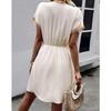 Women's Summer Dress, Spring and Summer Solid Color Short Sleeve Lace V-neck Waist-fitted Dress Casual Drawstring Waist Vacation Dress