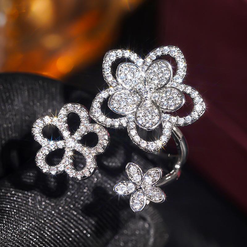 Floral shiny open ring female, three inlaid zircon lady accessories new lily ring