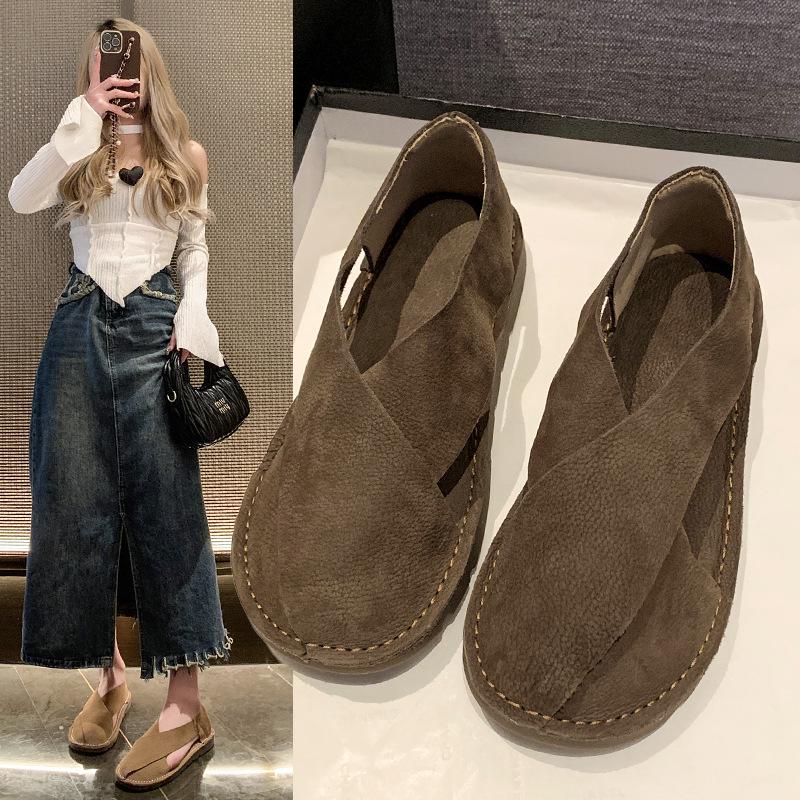2024 Sommar Mjukt Läder Dam Rund Tå Slip-on Fiskarsandaler, Retrostil, Plusstorlek Finns