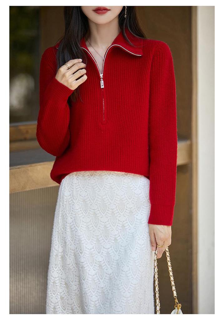 Women's Half-Zip Pure Wool Sweater - Stylish Loose-Fit Autumn Knit Top