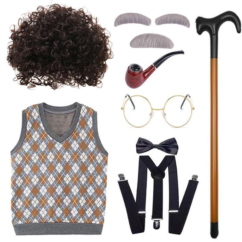Classic Grandfather Costume Wig Set Featuring Short Soft Curly Hair And Stylish Vest For Kids