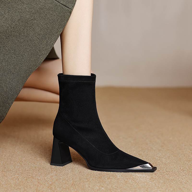 Krazing Pot Flock Autumn Winter Shoes Metal Decoration Thick High Heels Big Size 40 Modern Boots Square Toe Keep Warm Slip On Ankle Boots
