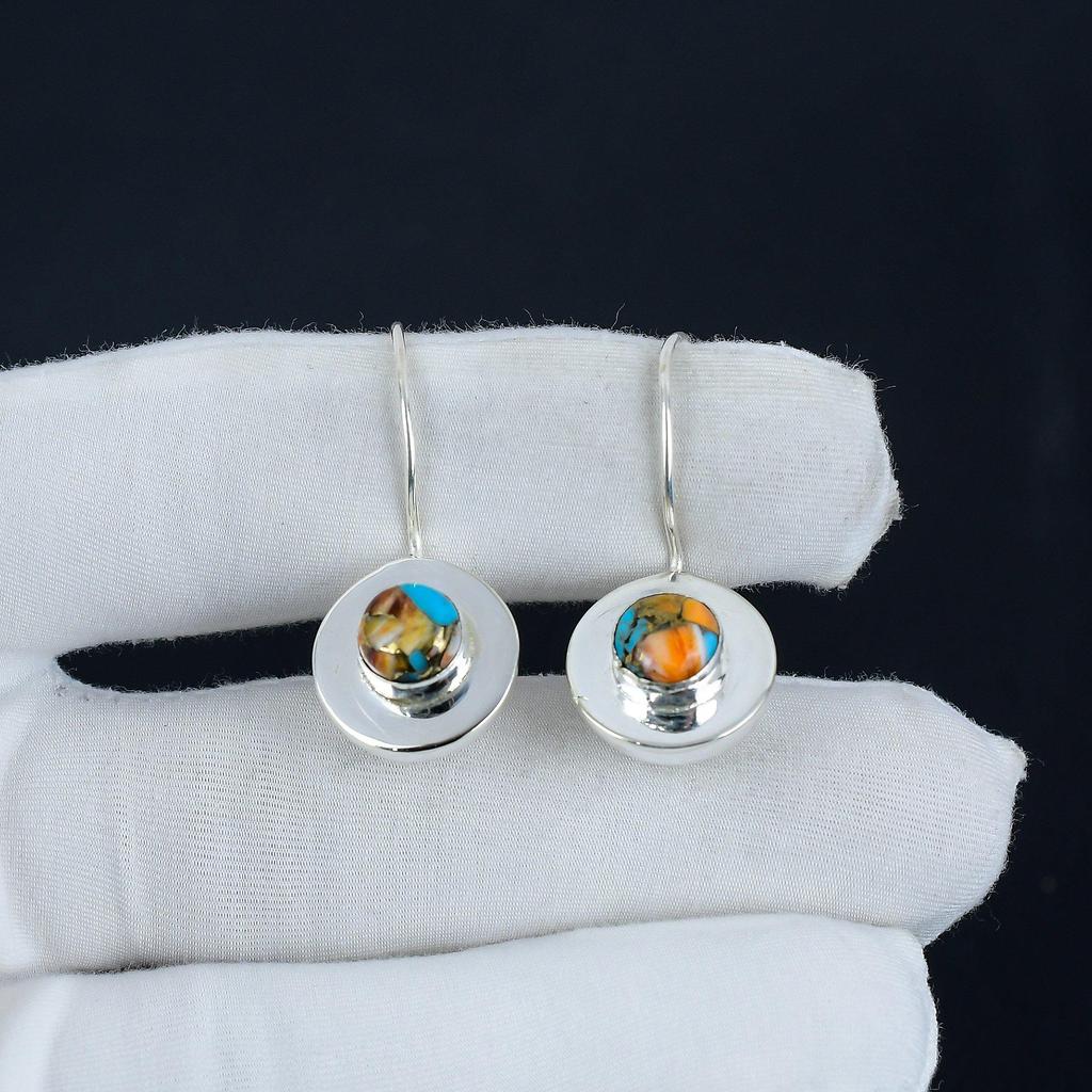 Natural Orange Spiny Oyster Gemstone Earrings, 925 Sterling Silver Earring, Handmade Boho Silver Jewelry Dangle Earrings, Easter Gift
