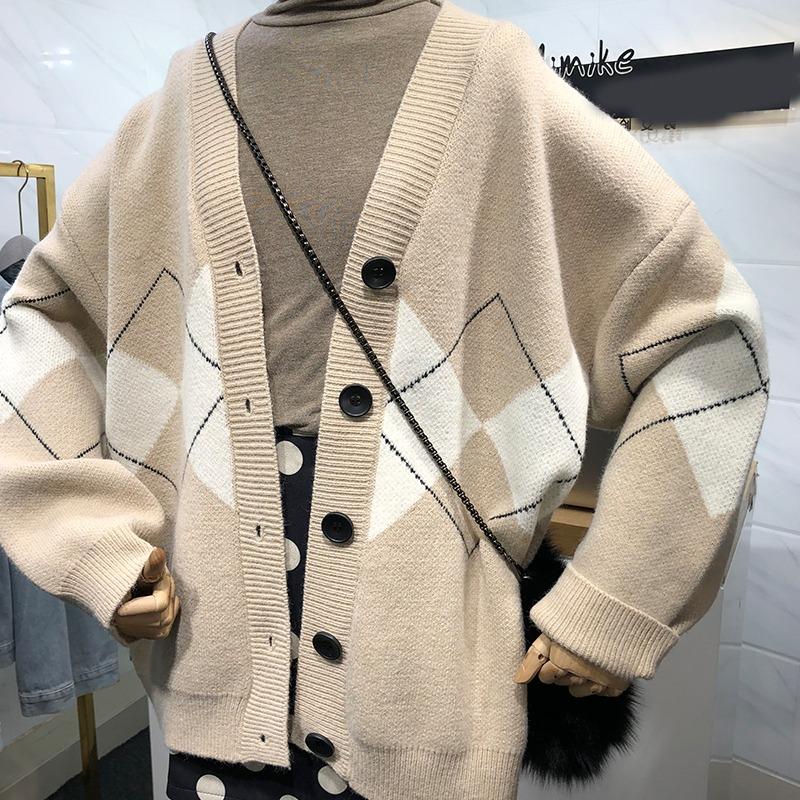 Korean Version Knitted Cardigan Women Sweater Loose V-neck Diamond Print Casual Simple Coats Autumn Winter Female College Style Long Sleeve Clothing