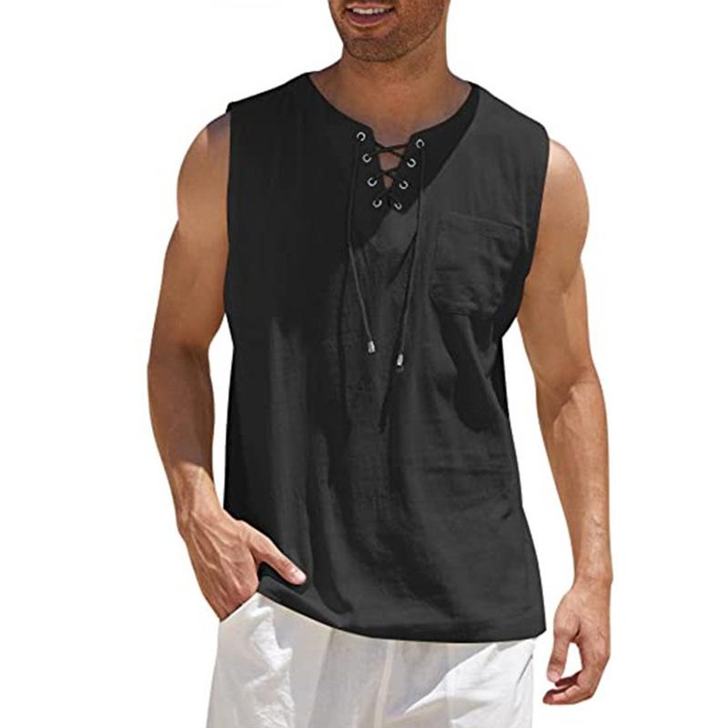 

Men Loose Waistcoat Tank Top Vest Lace-up V Neck Sleeveless Cotton Linen Pullover Casual Streetwear XL чорний