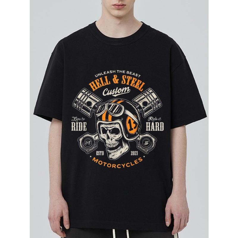 Men's Black Short Sleeve T-Shirt Hell And Steel Custom Motorcycle Skull Helmet Engine Print Graphic Tee For Biker Lifestyle Casual Wear