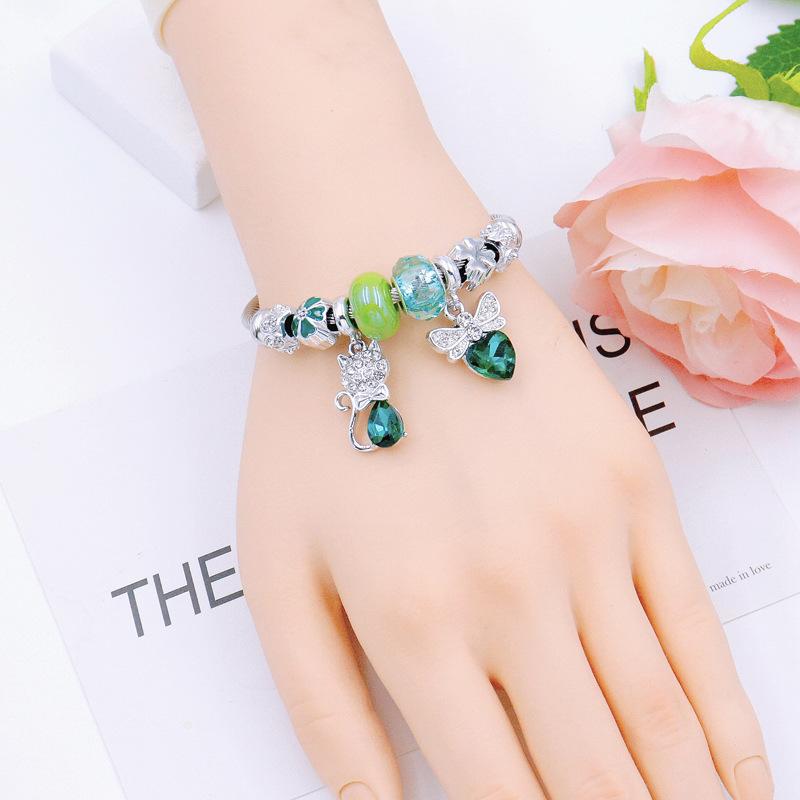 Elegant Ladies Love Bow Crystal Bead Bracelet with Diamond Fox Pendant Stainless Steel Bangle
