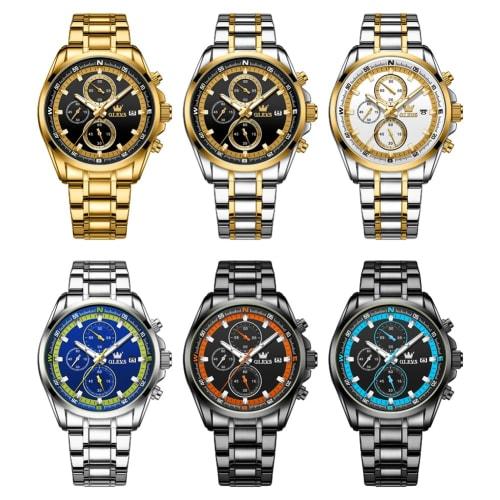 OLEVS Men's Quartz Watch, Popular, Stylish, Multi-Function Watch with Stainless Steel, Waterproof, Date Display, Analog, Fashionable, Student or Offic