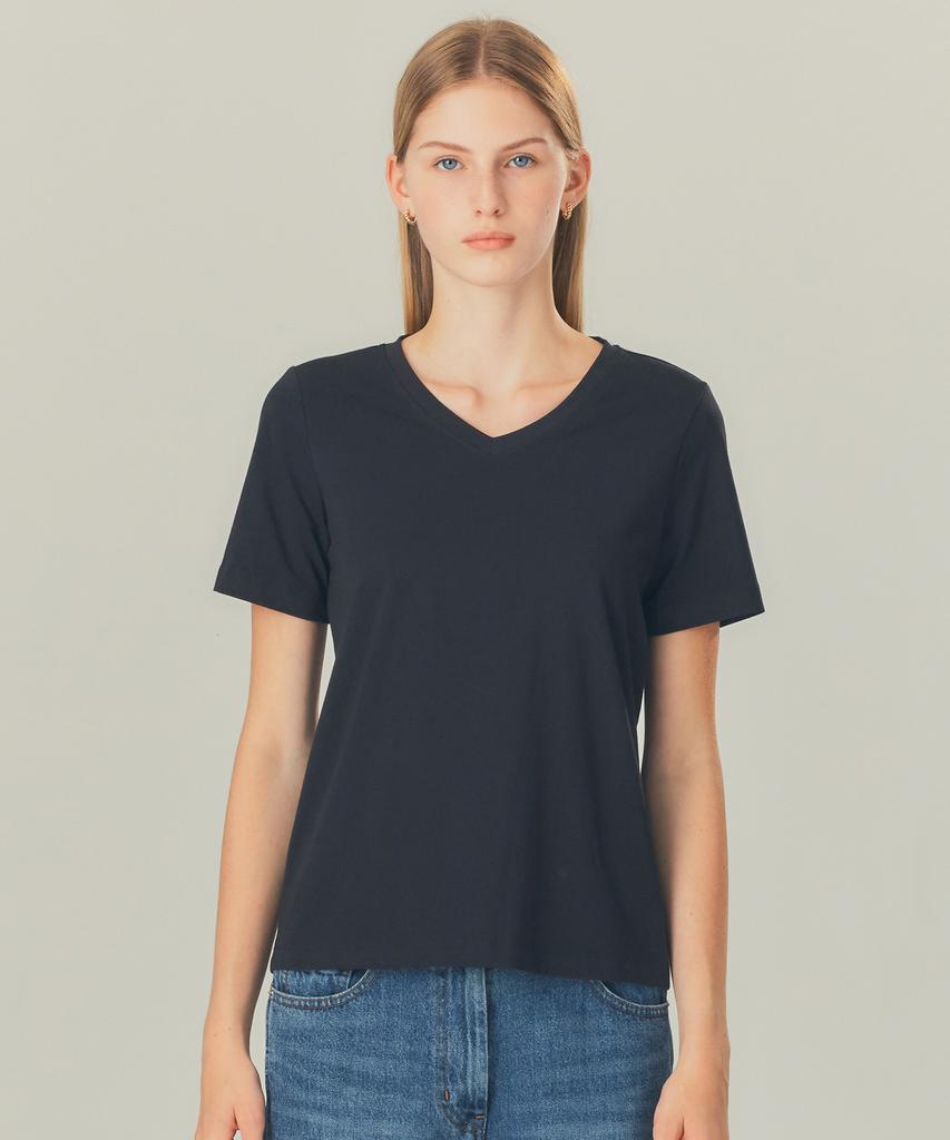 BASIC HOUSE Women'S V-Neck Stretch Slim Fit Short Sleeve T-Shirt Black Lats0204 (A Type)