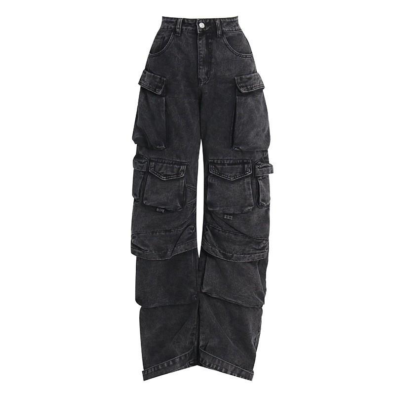 Solid Color Multi-pocket Loose Jeans Women's High Street Retro Hip-hop Wide-leg Pants Casual Straight High-waisted Jeans Women  Plus Size