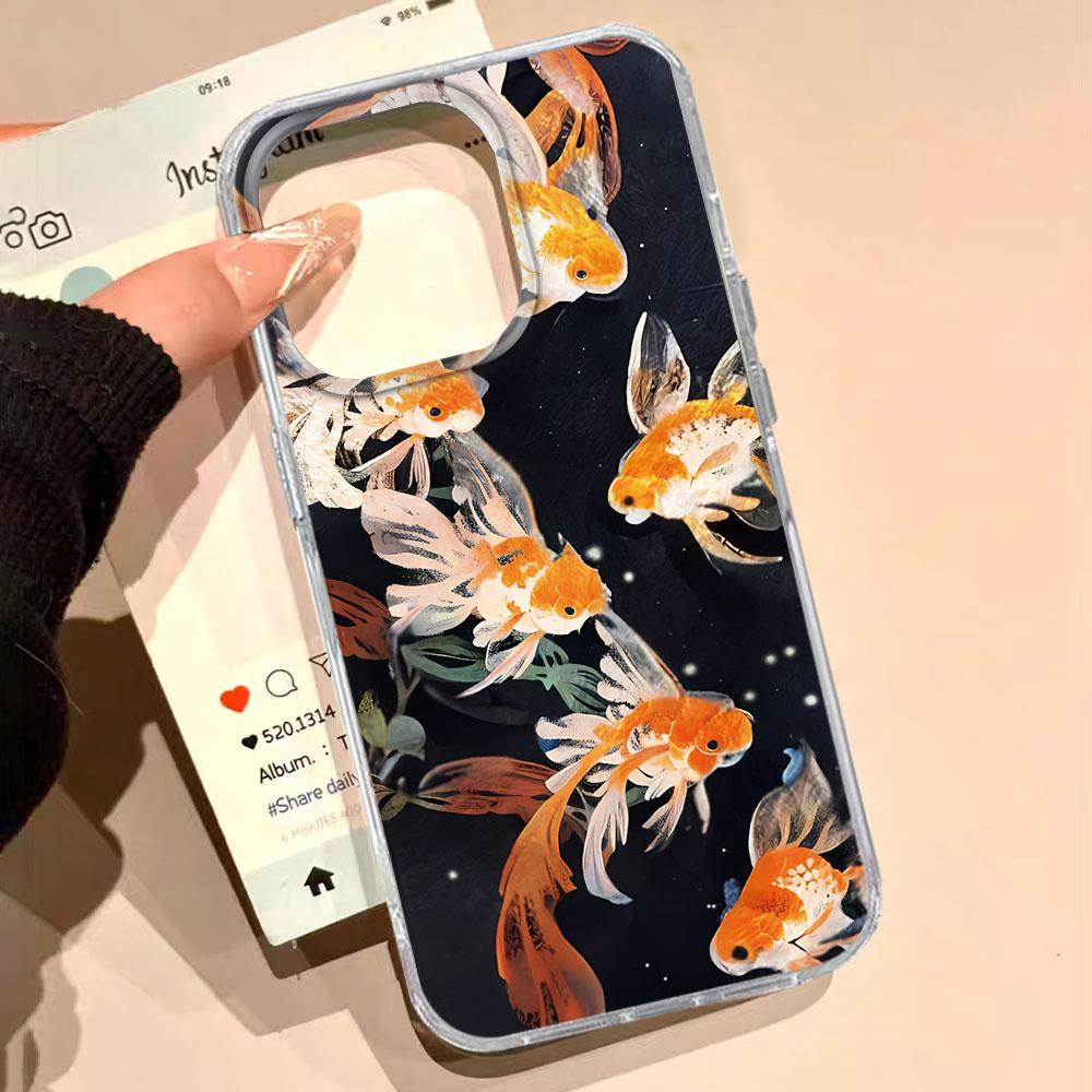 Für Samsung Galaxy S25 Edge S24 S23 S22 S21 S20 FE Plus 5G Ultra Koi Goldfisch Funkeln Schwarz Glänzend Damen Mädchen Bumper Handyhülle