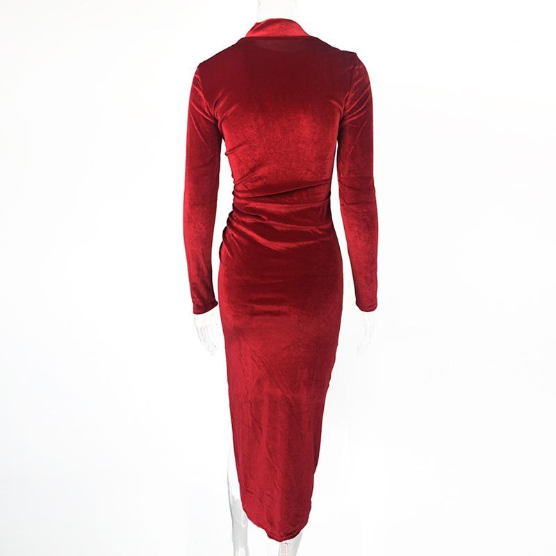 2025 frühling Herbst Frauen Einfarbig Samt Langarm Geraffte Midi Kleid Seite Schlitzte Bodycon Sexy Streetwear Party Elegante Club Kleider