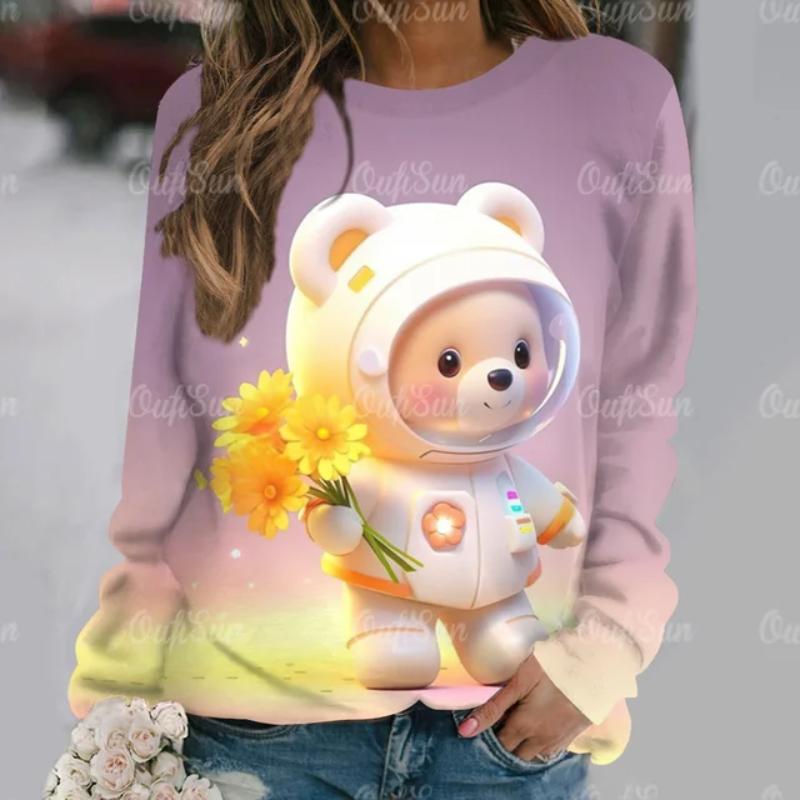 Cute Bear Women's Hoodie Casual O Neck Long Sleeve Pullover Tops 2024 New T-Shirt for Women Streetwear Fashion Women T Shirt Tee