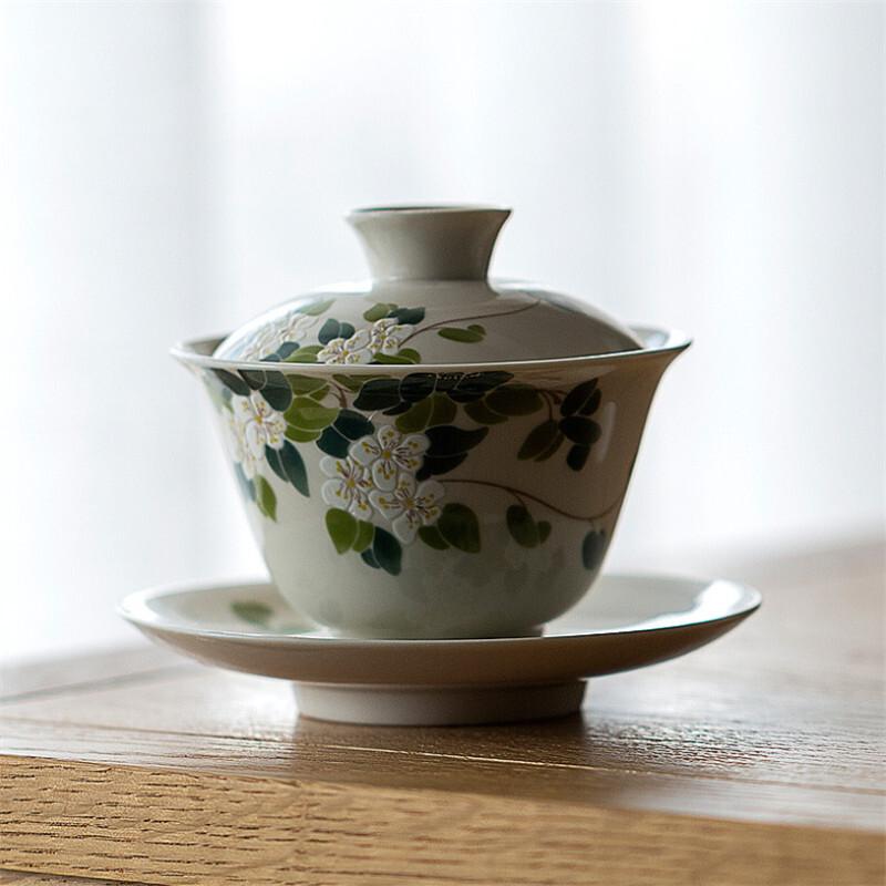 Keramik Handgefertigt Kung Fu Gaiwan Kreativ Handbemalte Chrysanthemen Teetasse Teegeschirr Büro Teeschale mit Untertasse Trinkgeschirr