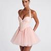 Mini Abito da Donna con Scollo a V all'Americana Senza Maniche Vita Alta Corsetto Decorazione Fiocco Gonna Tutù in Tulle Abito Corto per Festa Cocktail Estiva