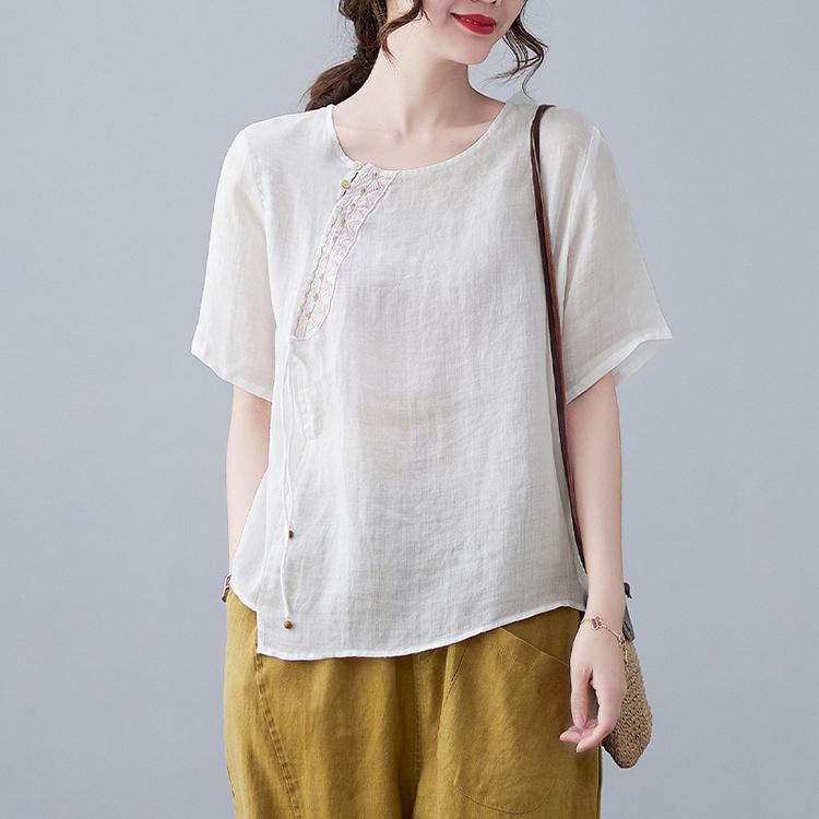 Pull Manches Courtes Chemise Coton Lin Femme Littéraire Rétro Brodé Haut T-shirt Été