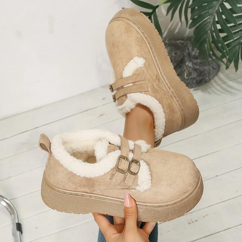 Fashion Thick Sole Plush Winter Cotton Shoes Women Fashion Belt Buckle Platform Fur Snow Boots Woman Warm Fleece Lining Ankle Boots 42