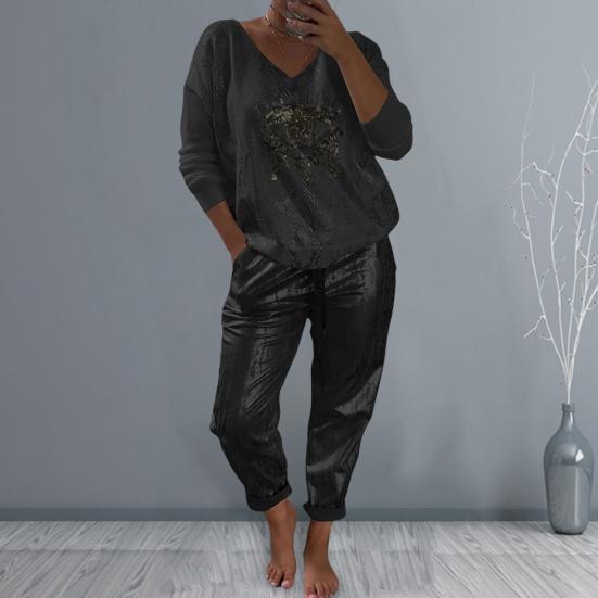 

2 шт./компл., женская футболка, брюки, комплект с длинными рукавами, бронзовый, свободный, глянцевый верх, эластичный пояс, боковые карманы, брюки, повседневная спортивная одежда, повседневная одежда