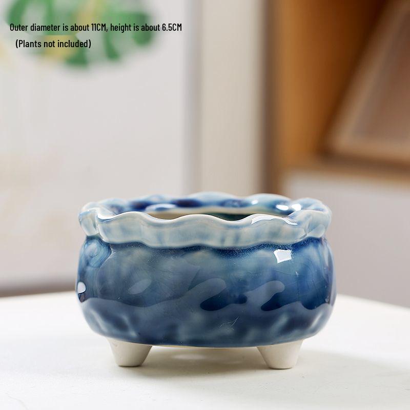 Ceramic Succulent Flower Pot with Ice Crack Glaze, Creative Design, Breathable with Drainage Holes.