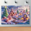2D1 charming Christmas village background - fairyland winter snow scene gingerbread house and holiday decorations polyester