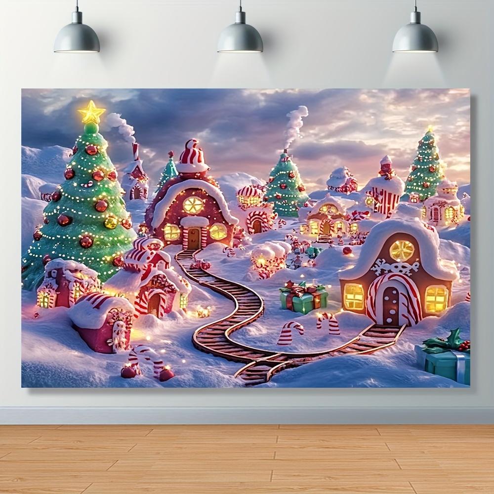 2D1 charming Christmas village background - fairyland winter snow scene gingerbread house and holiday decorations polyester