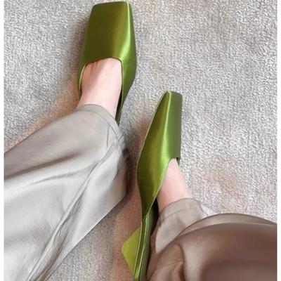 Uxury Satin Sandals Women Summer Sexy Square Head Strange Low Heel Slide Sandals Chunky Heel Elegant Design Mule Slippers Women