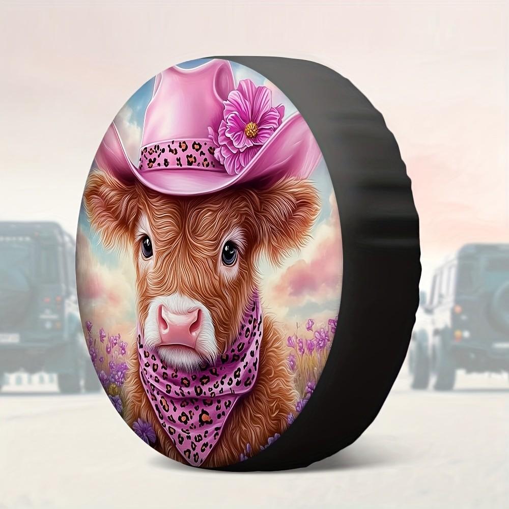 Cute Cow In Pink Cowboy Hat Tire Cover Polyester All-Weather Spare Wheel Protector Trailer Accessory
