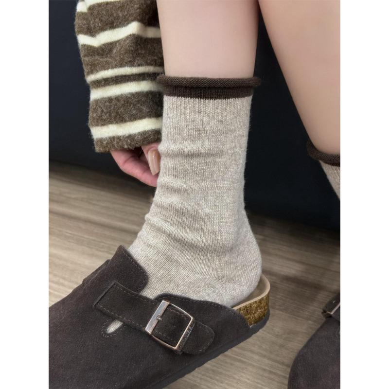 Grey Socks, Women's Autumn and Winter Pure Cotton Mid-calf Socks, Thickened Warm Wool Long Socks, Rolled-up Pile Socks, Winter