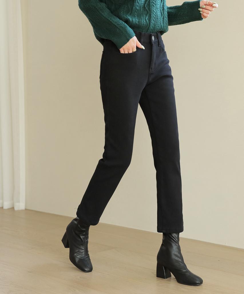 Ppaeppae Fleece-Lined Inner Elastic Black Straight Cotton Pants
