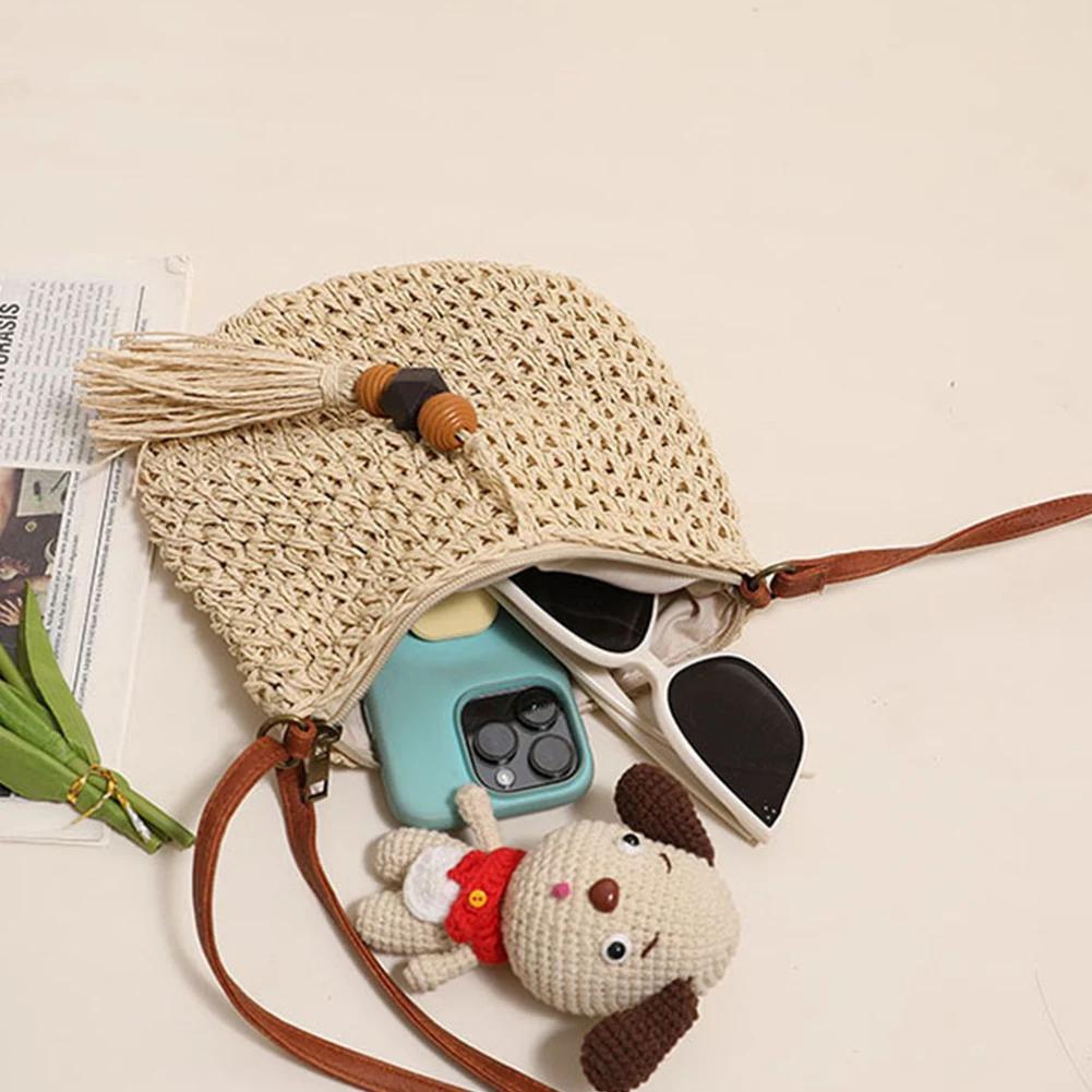 Damen Strand Gewebte Stroh Schulter Umhängetasche mit Quaste Böhmische Häkel Crossbody Tasche Sommer Stricktasche Weberei Geldbörsen