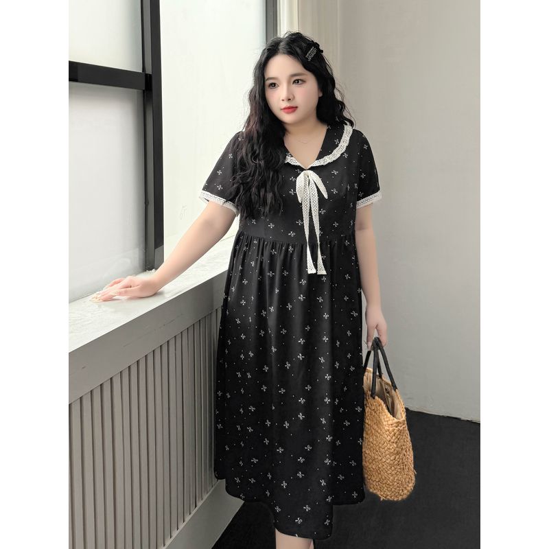 Plus size women clothing [Star River Monroe] Summer Chubby Girl Preppy Sailor Collar Short sleeve Bow Floral Dress
